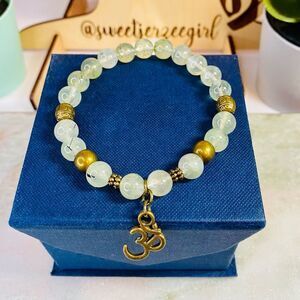 Light Green Prehnite Antique Bronze Finish Ohm Charm Stretch Bracelet